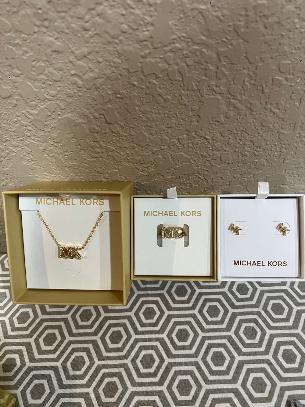 Michael Kors Gold-tone MK Necklace, Ring & Stud Earrings Set